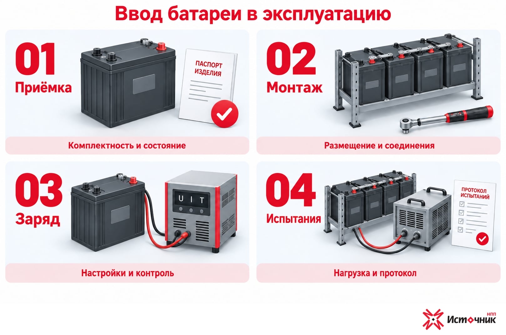 Инфографика «Четыре этапа ввода батареи»: приёмка → монтаж → заряд → испытания и протокол.