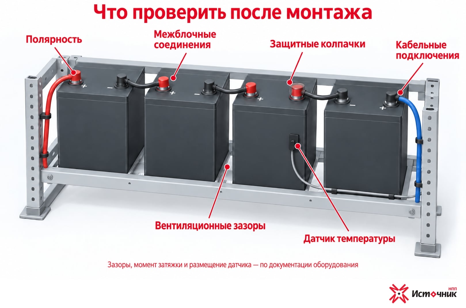 Аккумуляторная стойка с точками проверки: полярность, перемычки, защитные колпачки, кабельные подключения, датчик температуры и вентиляционные зазоры